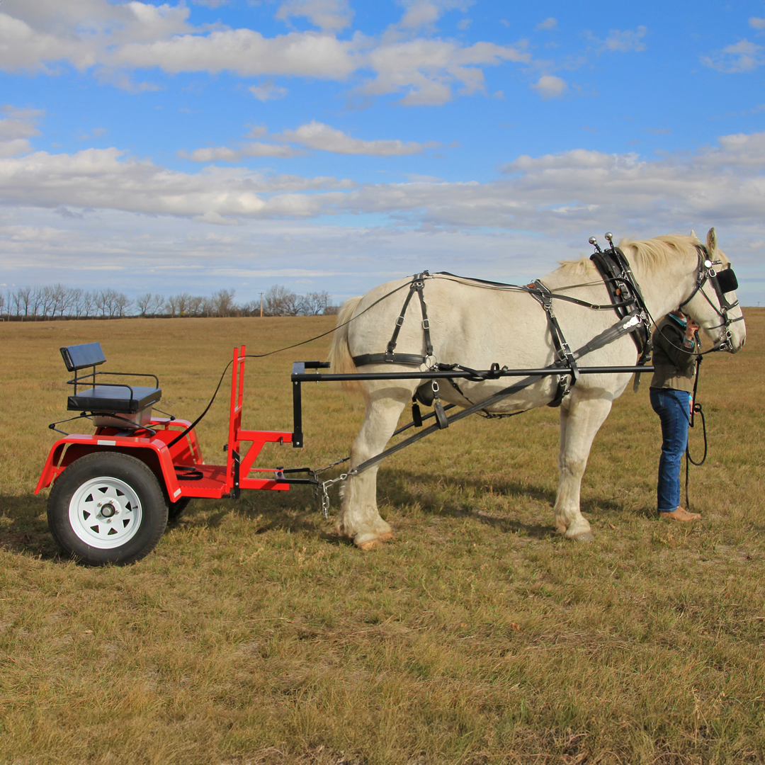 ACS Forcart in a field with Shaft installed and a Draft horse hooked up